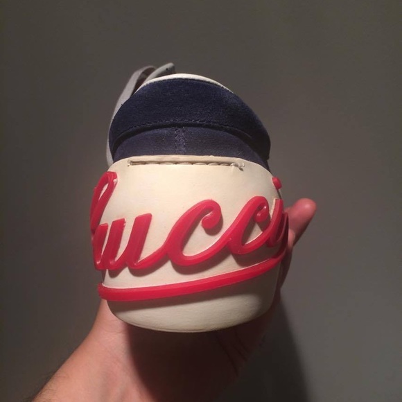 Gucci Blue Suede Script Logo Lace Up Low Sneakers Shoes size 8.5 - Picture 12 of 16